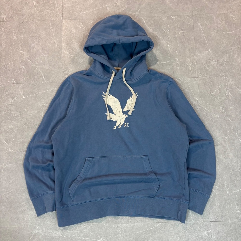 American Eagle Mens Super Soft Hoodie Blue Eagle Graphic Pullover Large
